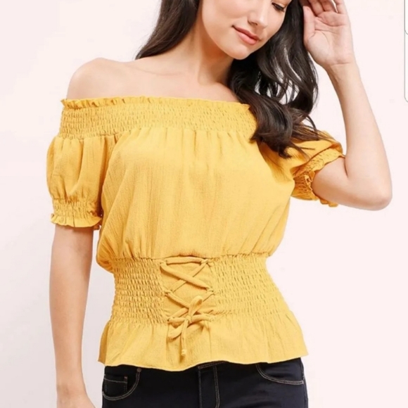 NWT Smocked Lace-Up Off The Shoulder Top - Picture 2 of 12